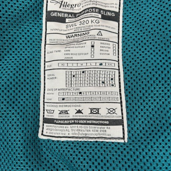 Sling for hoist - Medium Allegro Concepts General Purpose with Head Support - EQ7343